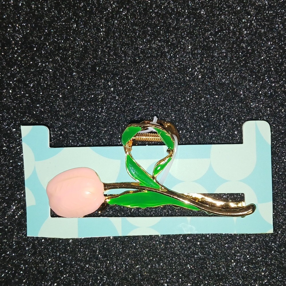 Piper K Floral Pink Hair Clip with Green Fashion Gold Leaves NIP